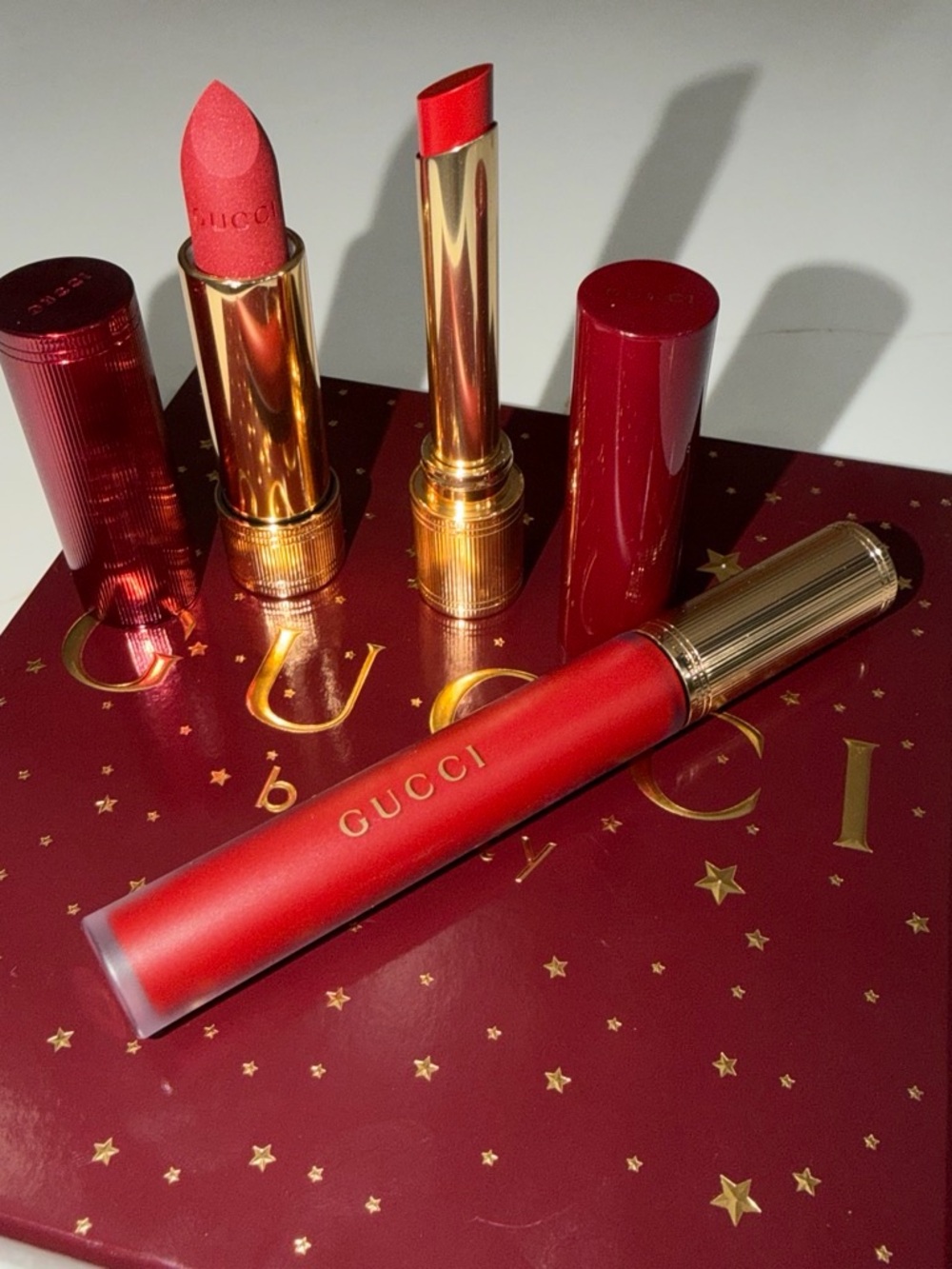 Gucci Red Lipstick and Red Liquid Lip Duo with Gold Accents